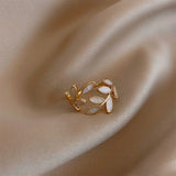 Adjustable Gold Ring with White Opal Leaf